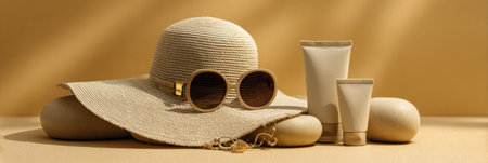 Stylish sunglasses, a wide-brimmed hat, and UV protection cream are thoughtfully arranged on smooth stones, creating a serene summer safety theme in warm tones.の素材
