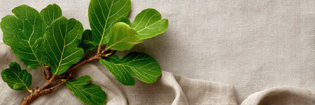 A vibrant fig branch with lush green leaves on soft linen creates a tranquil, rustic setting to showcase natural beauty.の素材