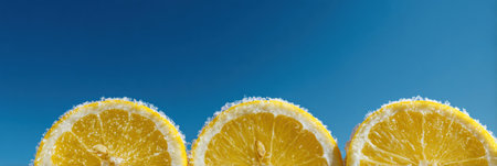 Vibrant lemon slices line up against a striking blue sky, capturing the essence of summer and refreshing citrus flavors in a clean, bright layout.の素材
