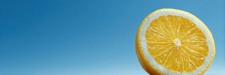 Bright lemon slice showcases its vibrant yellow interior against a backdrop of clear blue sky, offering a fresh and lively atmosphere.の素材