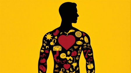 A mans silhouette showcases health icons like a heart, muscle, nutritious food, and sun, highlighting wellness and vitality.の素材
