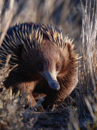 A long-beaked echidna forages through the dry grass, its spiky coat catching the warm light, showing its unique features in a tranquil outdoor settingの素材