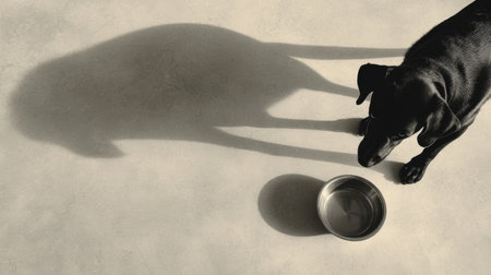 Black Labrador watches an empty bowl where food once sat, surrounded by a minimal surface, with shadows creating a soft contrast in gentle lighting.の素材