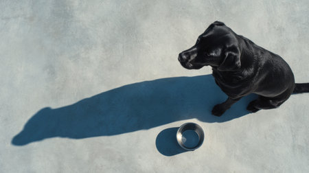 A black Labrador waits patiently next to an empty bowl that creates a shadow resembling food, set against a simple surface.の素材