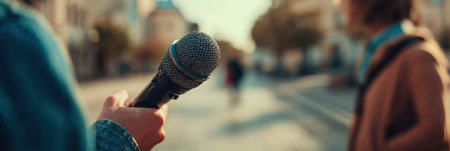 Reporter engages with a local resident on the street, microphone in hand, capturing spontaneous public opinion amid a lively backdropの素材