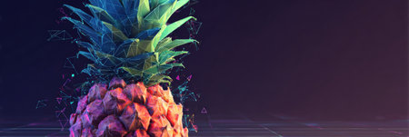This striking low-poly pineapple features a vibrant glitch overlay, merging technology with organic forms in a conceptual art composition.の素材