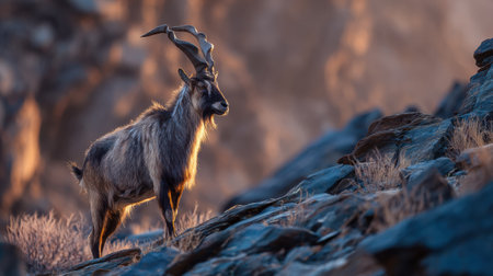 A markhor is poised on a rocky slope, showcasing its unique twisted horns as the warm glow of sunset casts a beautiful light across the terrain.の素材