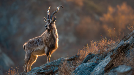 A markhor navigates a rocky slope as the sun sets, casting a warm glow and highlighting its impressive twisted horns amid the tranquil landscape.の素材