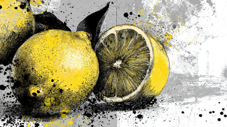 Bright lemons are depicted through a layered digital collage with ink and splatter effects, showcasing vibrant colors and textures against a blank backdrop.の素材