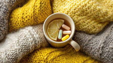 A serene moment with a cup of tea featuring lemon slices and colorful vitamins, nestled in soft knitted wool textures, promoting warmth and comfort.の素材