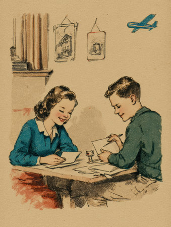 Two children happily write letters to their international pen pals in a cozy retro location filled with warm colors and charming decor.の素材