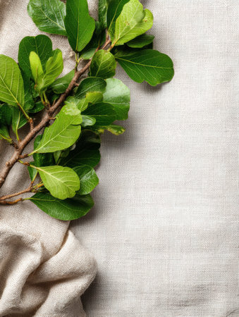A vibrant fig tree branch with lush green leaves is elegantly laid over a rustic linen cloth on a clean upper layout, showing natural beauty.の素材