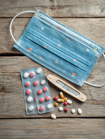 Displays a medical mask alongside a thermometer and assorted pills on a rustic wooden surface, emphasizing health safety practices and medication usage.の素材