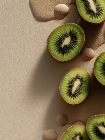 Kiwi halves arranged in a minimal style on a neutral canvas highlight their vibrant green color and unique texture against a smooth background.の素材