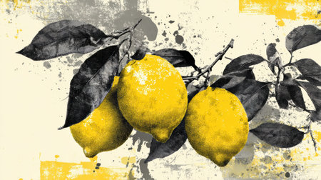 Bright lemons rest against an artistic backdrop featuring ink splatter effects, with an empty upper third inviting further customization or text addition.の素材