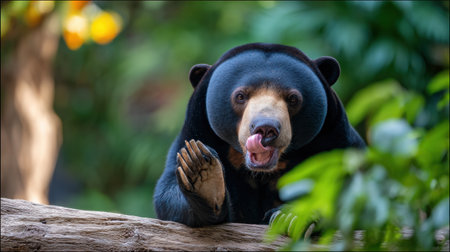 Malayan sun bear licks its paw while perched on a log, surrounded by lush green foliage in a glowing forest during daylight.の素材