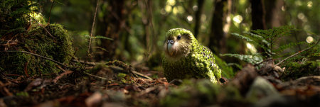 Kakapo sits calmly on the forest floor, illuminated by dappled sunlight filtering through the trees, creating a serene atmosphere in the habitat.の素材