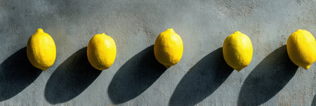 Fresh yellow lemons arranged in a line create interesting shadows against a smooth concrete surface, showing their vibrant color and texture during daylight.の素材