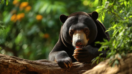 A Malayan sun bear is licking its paw, surrounded by lush greenery and a softly glowing forest that enhances the natural beauty of the moment.の素材