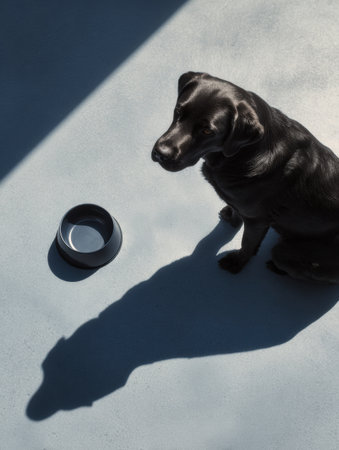 A Labrador rests next to an empty bowl, its shadow prominently displayed on a surface bathed in soft, minimal light.の素材