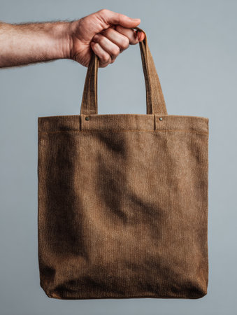 A mans hand displays a small brown canvas tote bag against a simple gray backdrop, highlighting the texture and design of the bag effortlessly.の素材