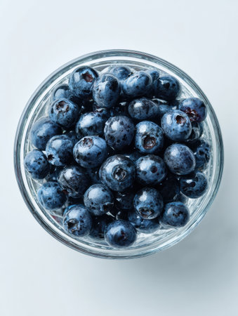 Blueberries are neatly arranged in a transparent glass bowl, set against a clean white background, featuring ample clear space above.の素材