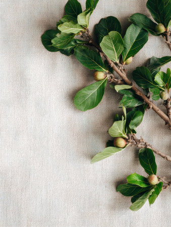 A lush fig tree branch lays on a soft linen cloth, showing its vibrant green leaves and subtle figs while creating a rustic and serene atmosphere.の素材