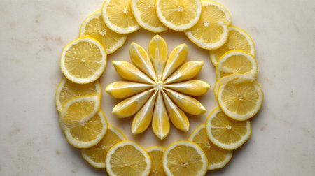 Lemon wedges are creatively arranged in a mandala pattern on a marble surface, showing their bright yellow color and fresh appeal in a centered layout.の素材