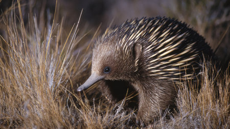Long-beaked echidna crawls through dry grass, showing its spiky coat while illuminated by soft side lighting during the evening hours.の素材