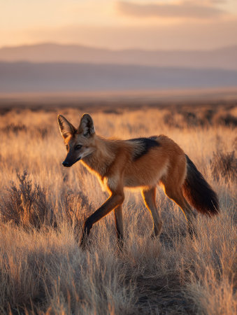 A maned wolf traverses golden dry grassland during sunset, showing its striking silhouette against the vibrant horizon and tranquil evening light.の素材