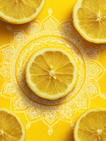 Lemon wedges are artistically arranged in a mandala shape against a vivid yellow backdrop, creating an eye-catching centerpiece perfect for any occasion.の素材