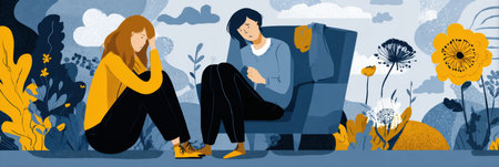 Illustration outlines methods to assist someone coping with PTSD by emphasizing empathy, active listening, and creating a safe atmosphere for discussion.の素材