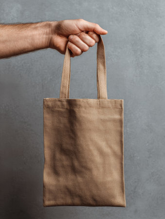 A man displays a small brown canvas tote bag against a gray backdrop, emphasizing versatility and practicality for carrying items during daily activitiesの素材