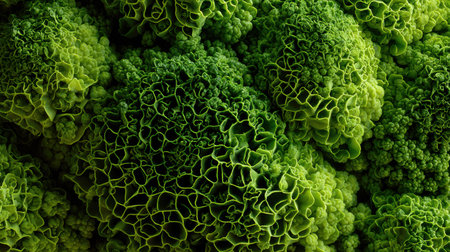 This macro view reveals the unique, textured surface of broccoli, highlighting its intricate patterns and vivid green color, perfect for abstract art.の素材