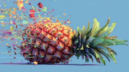 Low-poly pineapple artwork with a glitch overlay fuses tech and nature in a minimalist style.の素材