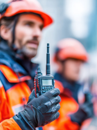 A man actively communicates with a walkie-talkie while engaged in teamwork, surrounded by blurred teammates in safety gear.の素材