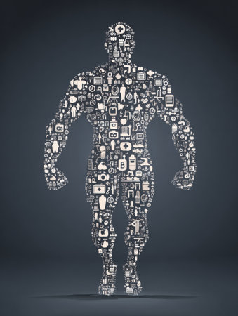 A muscular male figure is formed from an arrangement of minimalist health icons, symbolizing fitness and well-being in a sleek artistic design.の素材