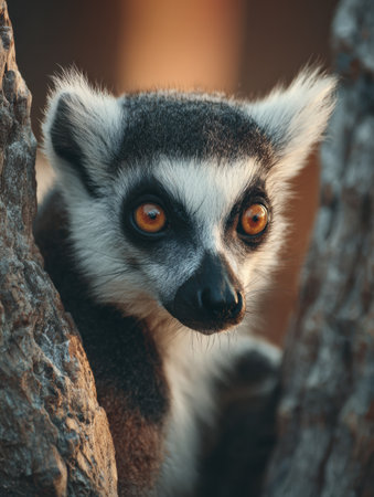 A curious lemur gazes intently with wide eyes from a tree surrounded by the rich hues of the twilight jungle, creating a captivating atmosphere.の素材