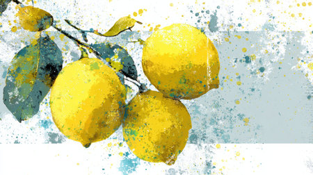 Vivid lemons are arranged in a layered digital collage, showcasing a lively ink splatter effect that adds energy, with the top portion remaining blank.の素材