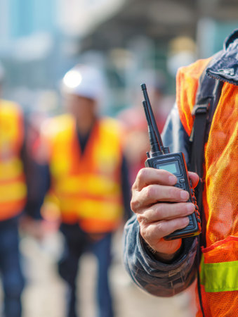 Team members collaborate on a construction project as a man holds a walkie-talkie, easier communication, with workers in the background.の素材