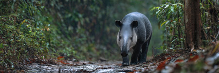 Malayan tapir moves steadily along a muddy trail surrounded by dense, vibrant foliage in the early morning, showing its unique features.の素材