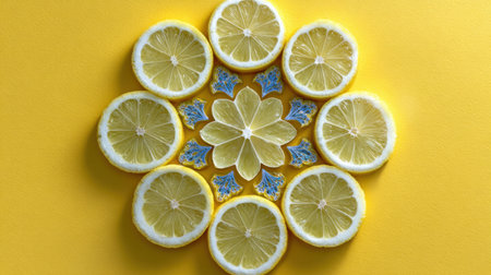 Bright lemon wedges are artistically arranged in a striking mandala design against a vivid yellow backdrop, exuding freshness and creativity.の素材