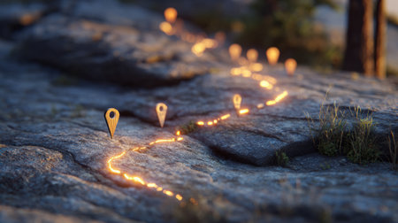 A glowing hiking trail is illuminated by map pin icons, guiding adventurers through a rugged landscape in the softness of twilight.の素材