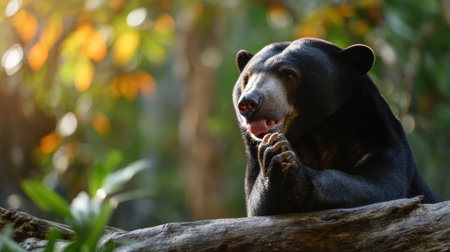 A Malayan sun bear sits on a log, licking its paw amidst a sun-drenched forest with colorful leaves, highlighting the bears natural habitat.の素材
