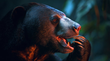 Malayan sun bear engaged in licking its paw under the soft glow of a forest, highlighting its natural habitat and behavior during twilight hours.の素材