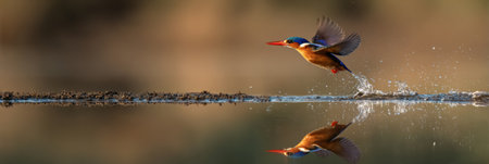 Malachite kingfisher hovers gracefully just above tranquil water, its vivid colors mirrored beautifully in the stillness during golden hour.の素材