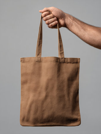 A mans hand displays a small brown canvas tote bag, highlighting its texture and color against a neutral gray background, emphasizing simplicity and style.の素材