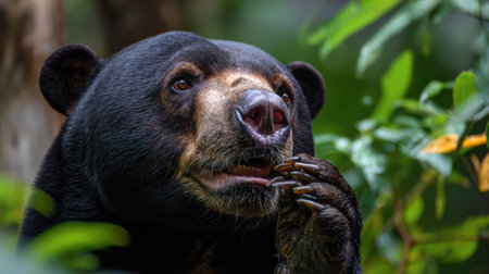 A Malayan sun bear is licking its paw in a vibrant, glowing forest filled with lush greenery and dappled sunlight coming through the foliage.の素材