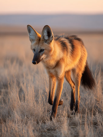 A maned wolf roams across a dry grassland during sunset, showing its unique silhouette against the clear horizon as the day transitions to night.の素材
