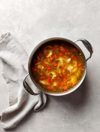 A pot of chicken soup simmers on a kitchen counter filled with colorful vegetables. The warm aroma fills the air, inviting you to enjoy a hearty meal.の素材